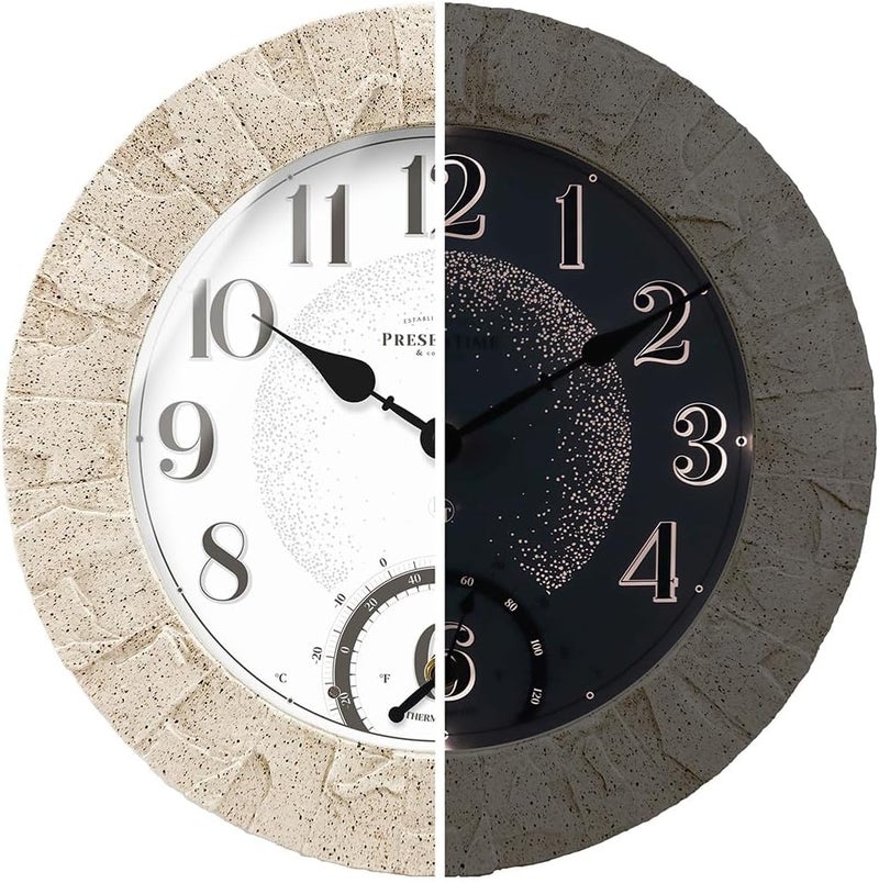 Presentime & Co 14" Illuminated in/Outdoor Clock with Smart Sensor and Night Light, Waterproof, Large Wall Clock with Thermometer & Hygrometer, for Garden and Patio - Coastal Sandstone Finish. - Image 1